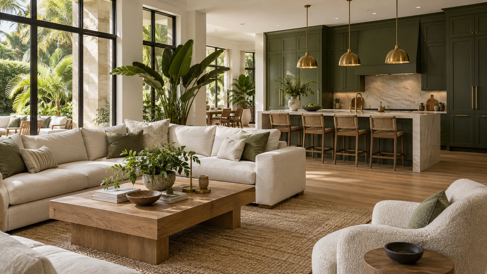 Living room and olive-green kitchen with indoor plants and natural oak